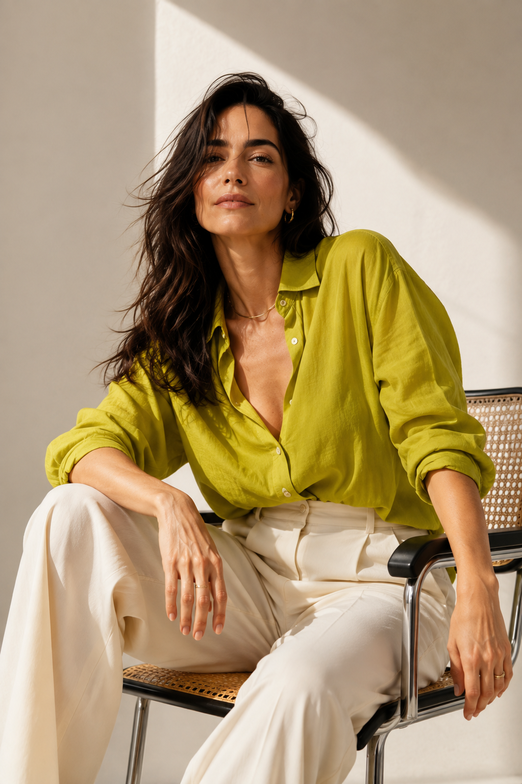 Mulher elegante sentada em cadeira de design, luz natural