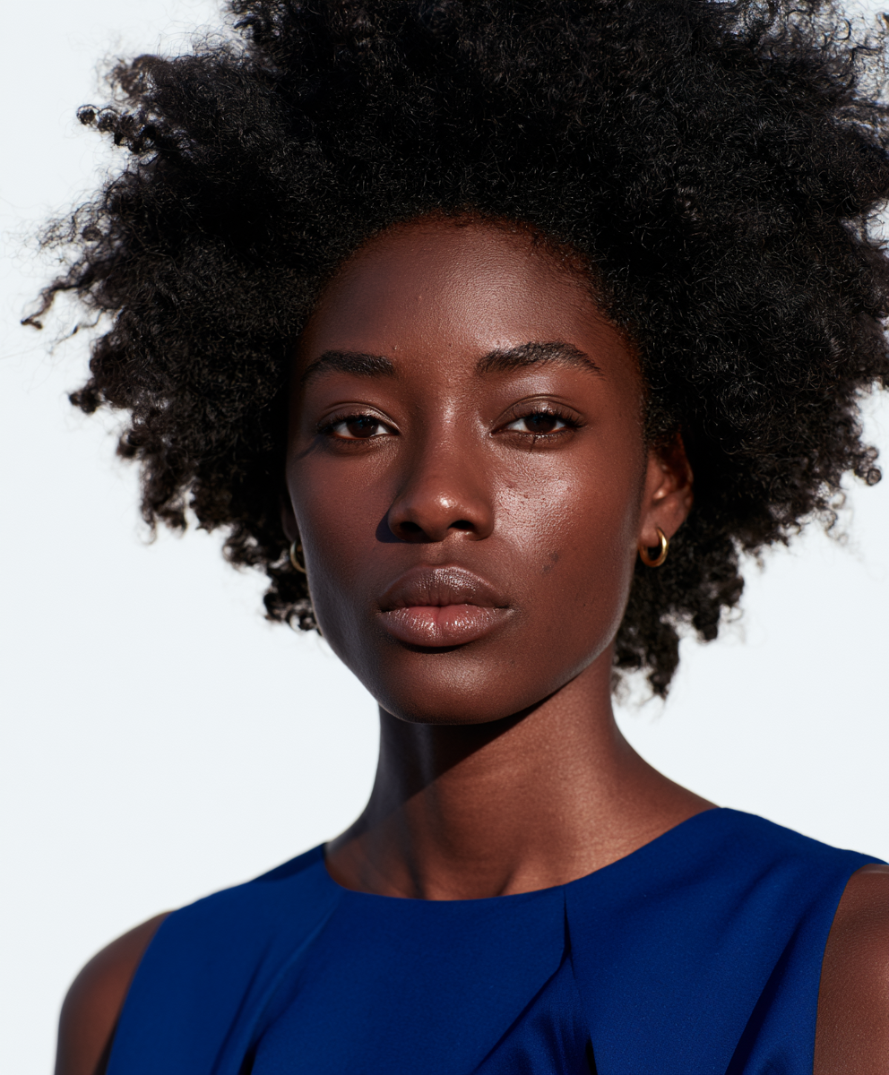Retrato editorial de mulher negra de vestido azul